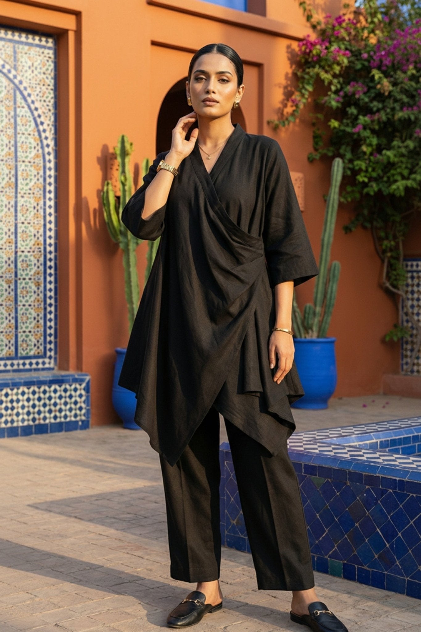 Black High-Low Front Style Cotton Co-ord Set - Freyaa USA & Canada
