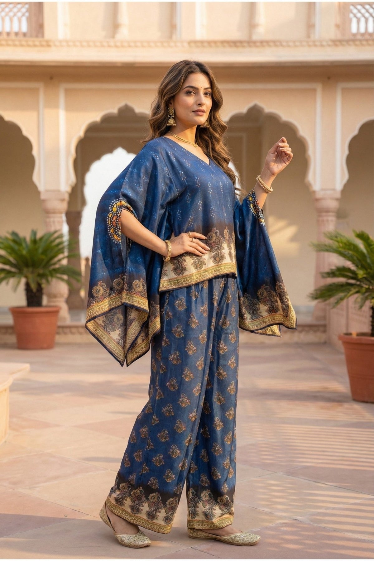 Navy Blue Ethnic Print Co-ord Set with Kaftan-Style - Freyaa USA & Canada
