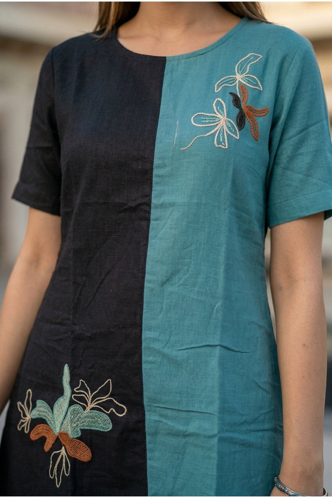 Blue Cotton Dress with Delicate Floral Motif - Freyaa USA & Canada