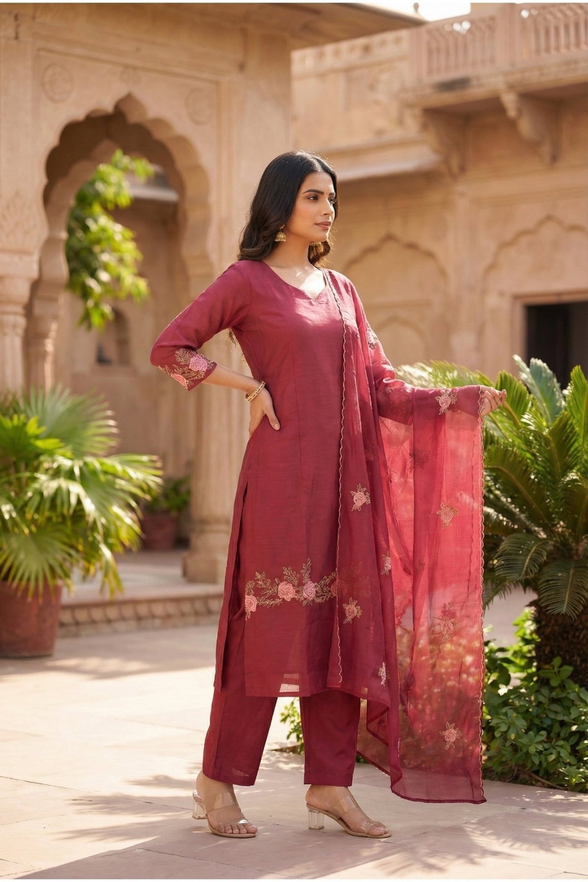 Wine Floral Embroidered Cotton Three-Piece Suit Set with Dupatta - Freyaa USA & Canada