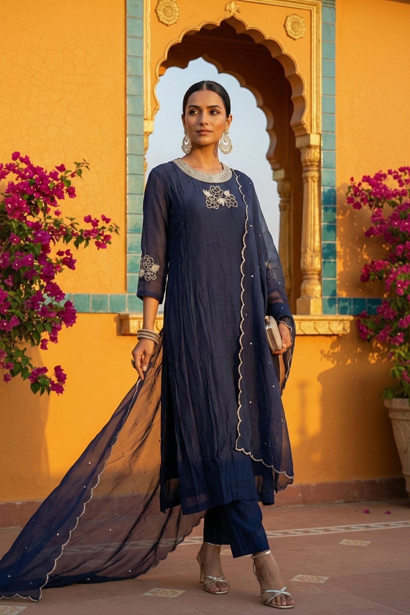 Blue Embroidered Three Piece Suit Set - Freyaa USA & Canada