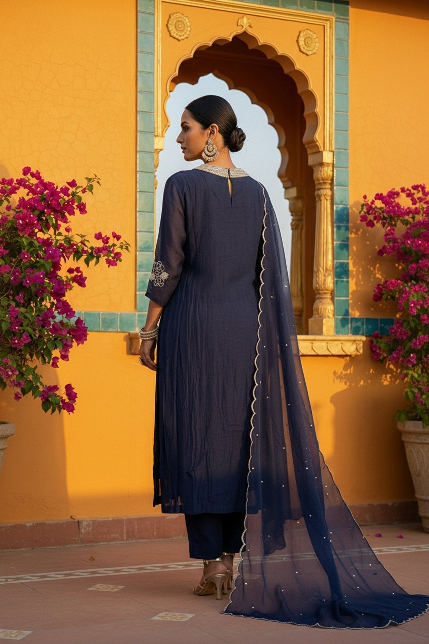 Blue Embroidered Three Piece Suit Set - Freyaa USA & Canada