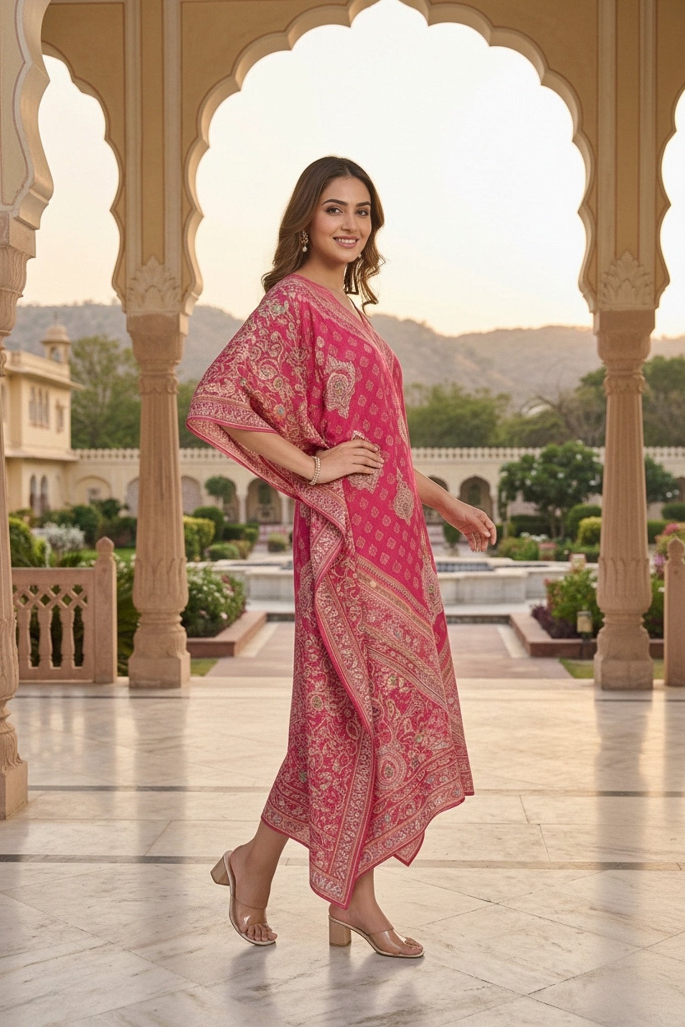 Pink Printed Viscose Long Kaftan - Freyaa USA & Canada