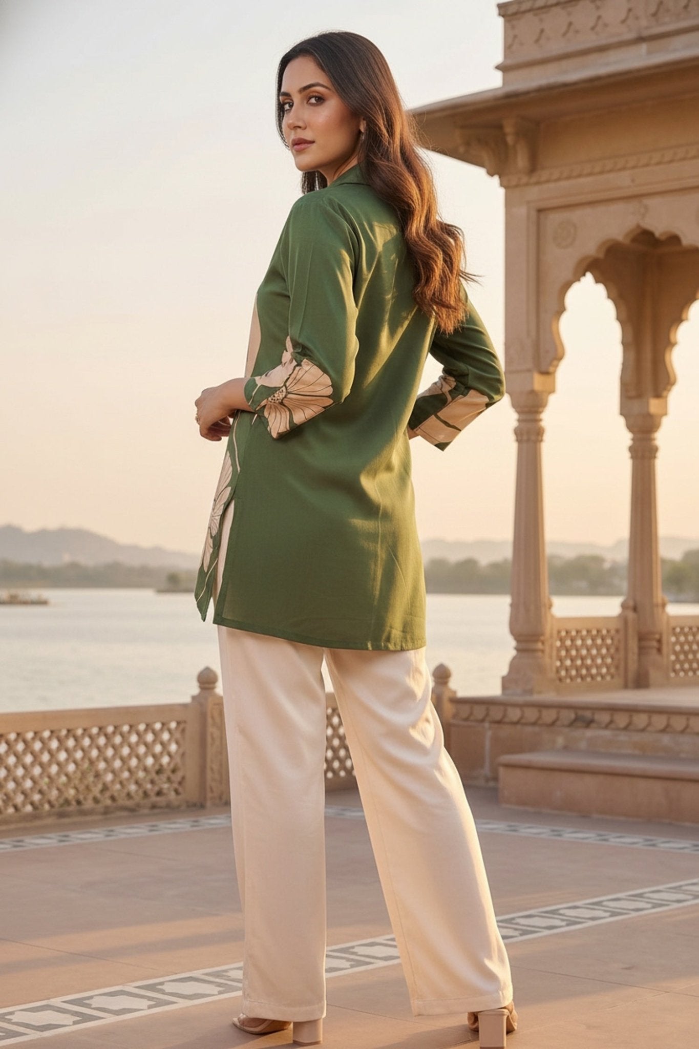 Olive Green Printed Crepe Shirt - Freyaa USA & Canada