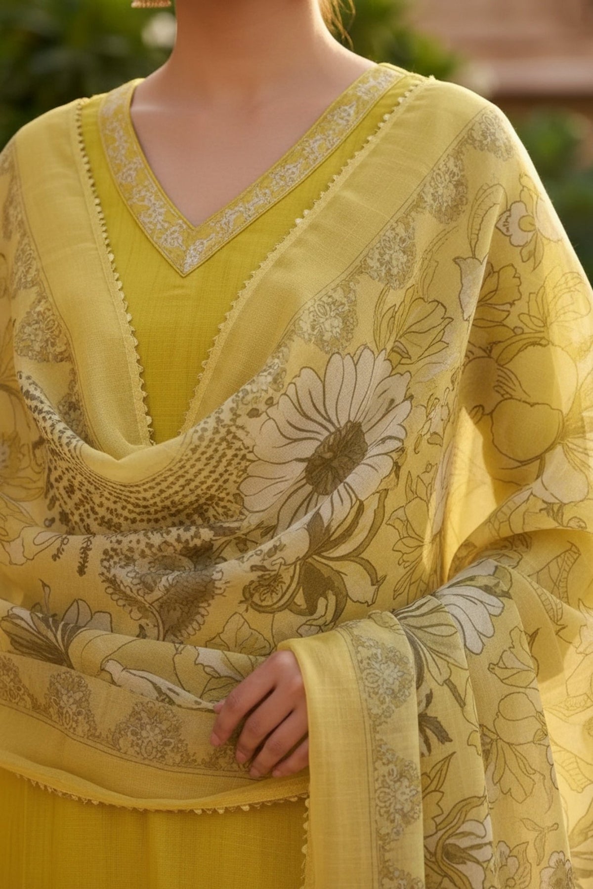 Yellow Cotton Three-Piece Set with Tissue Silk Dupatta - Freyaa USA & Canada