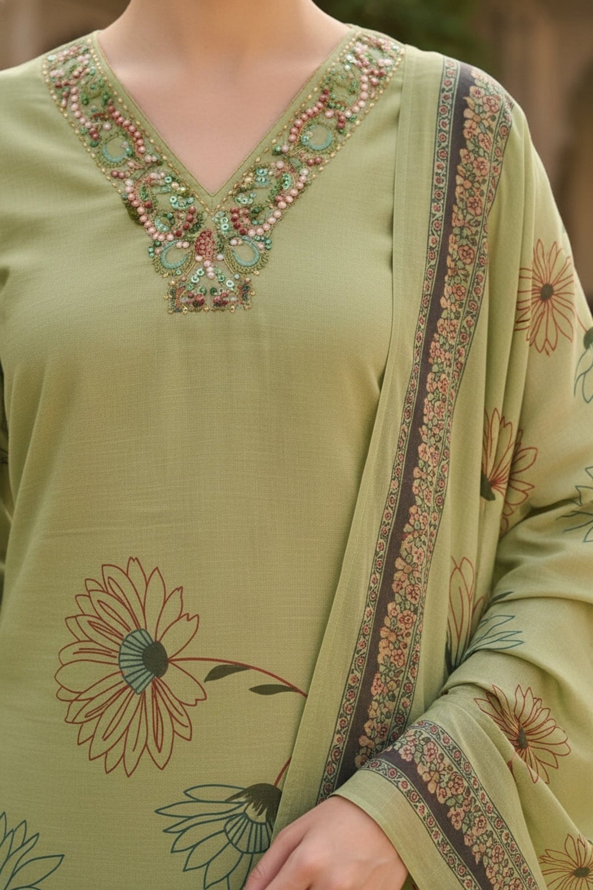 Mint Cotton Floral Three-Piece Set for a Fresh Summer Look - Freyaa USA & Canada