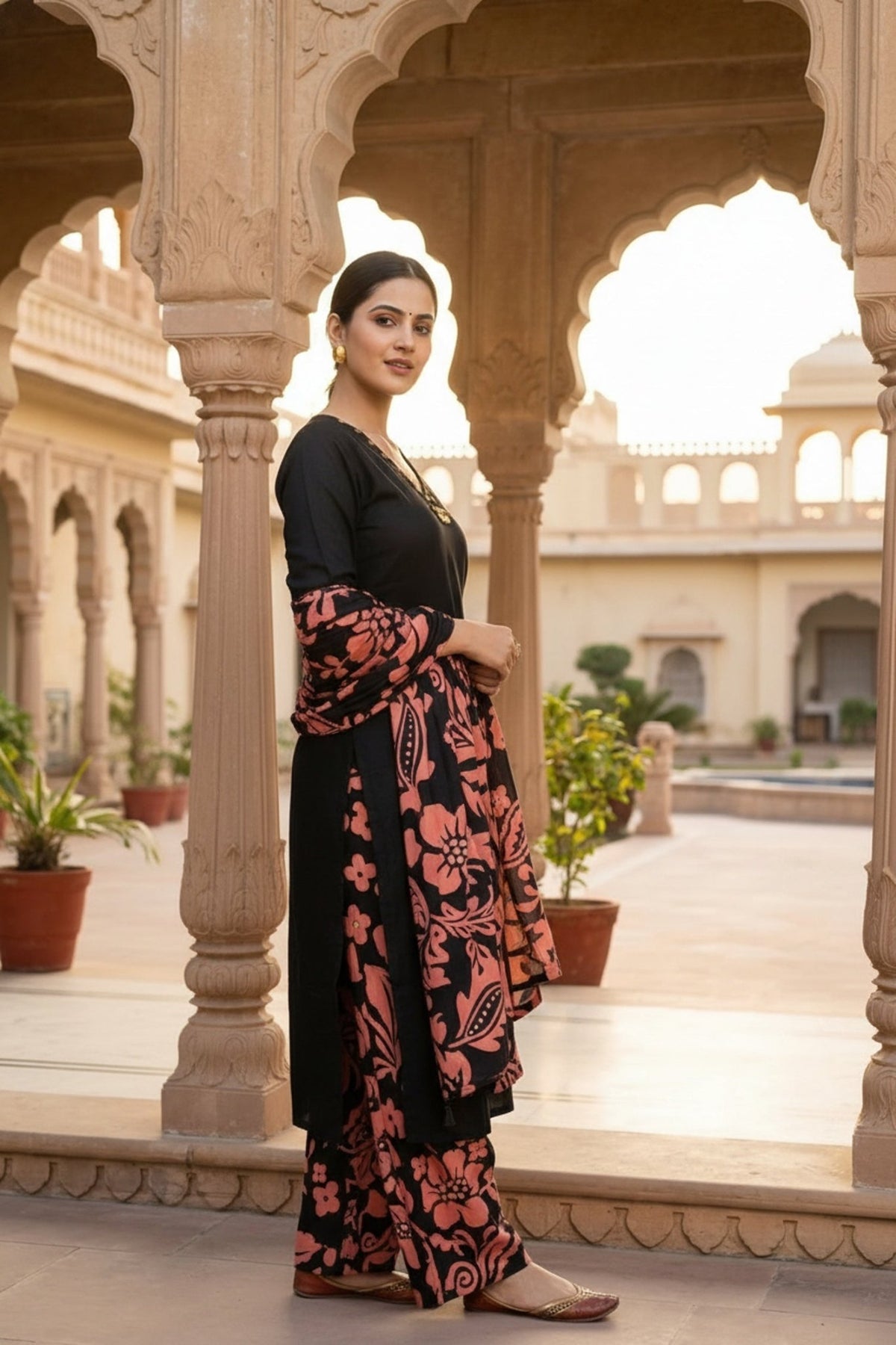 Black Straight Cut Three-Piece Set with Printed Bottom & Dupatta - Freyaa USA & Canada