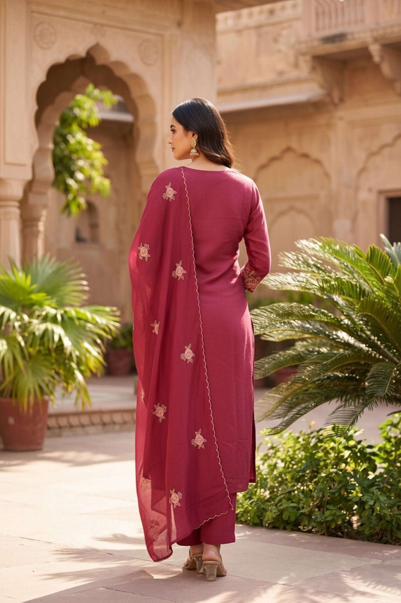 Wine Floral Embroidered Cotton Three-Piece Suit Set with Dupatta - Freyaa USA & Canada