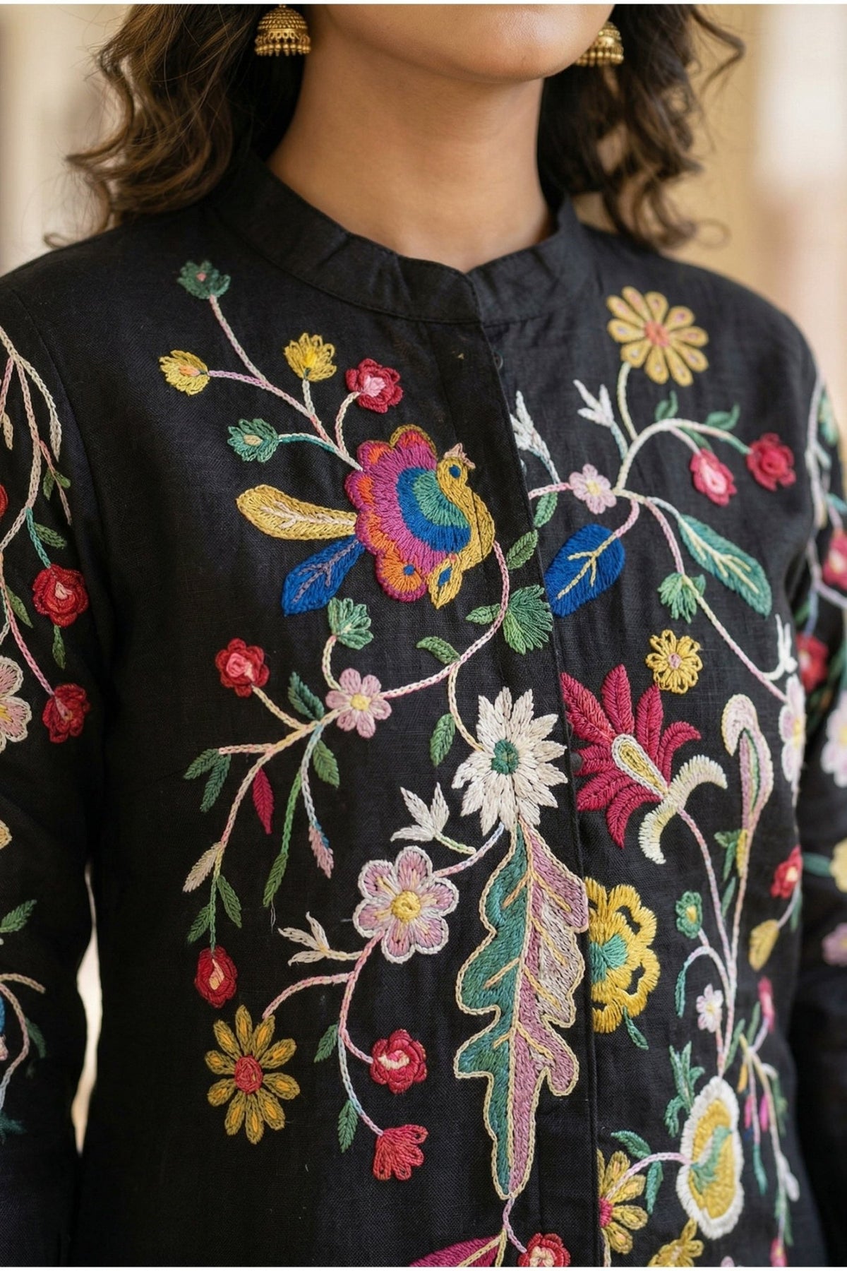 Black Co-ord Set with Multicolor Thread Embroidered Top - Freyaa USA & Canada