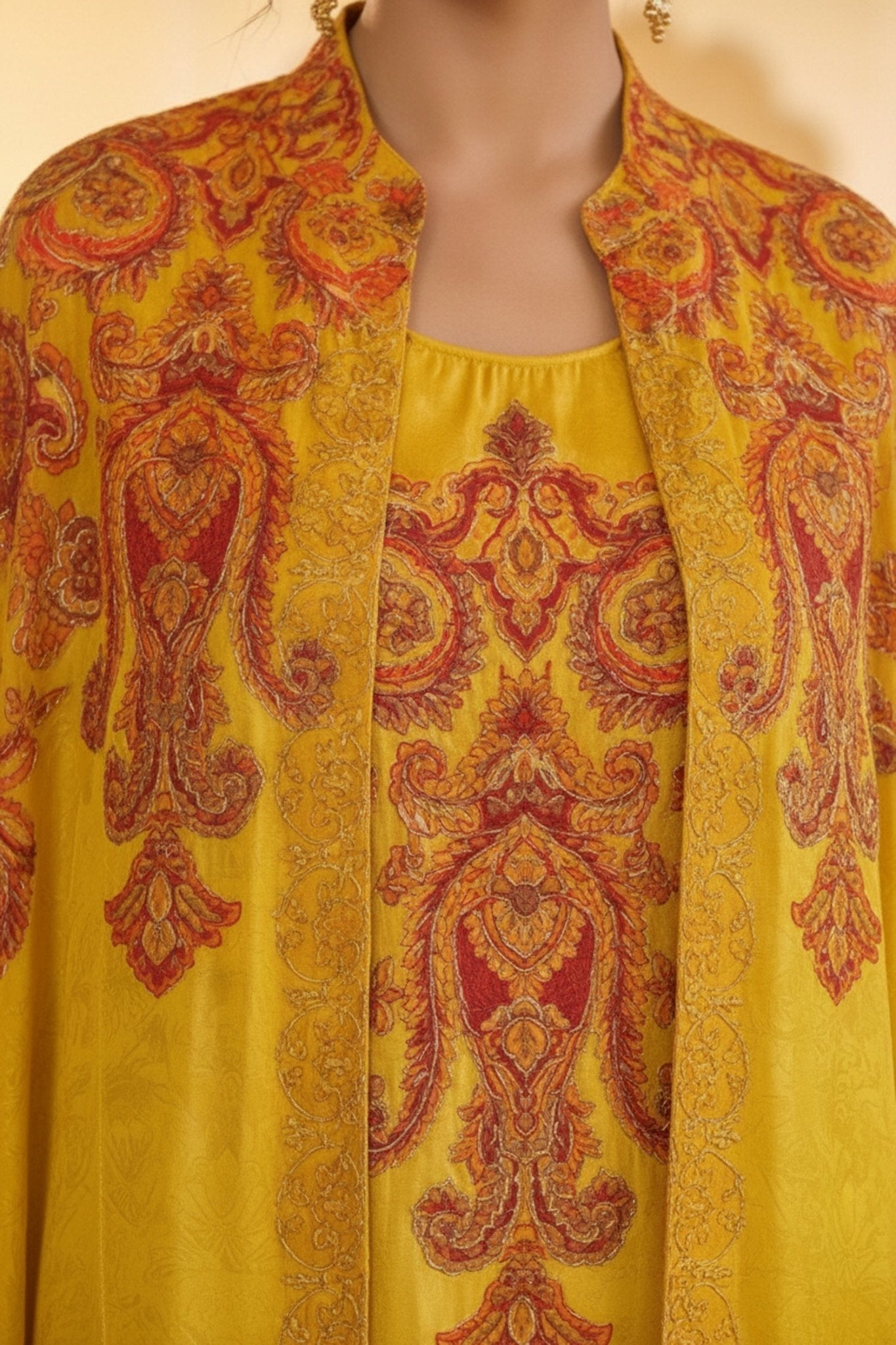 Mustard Chinon Kaftan Set with Embroidered Jacket - Freyaa USA & Canada