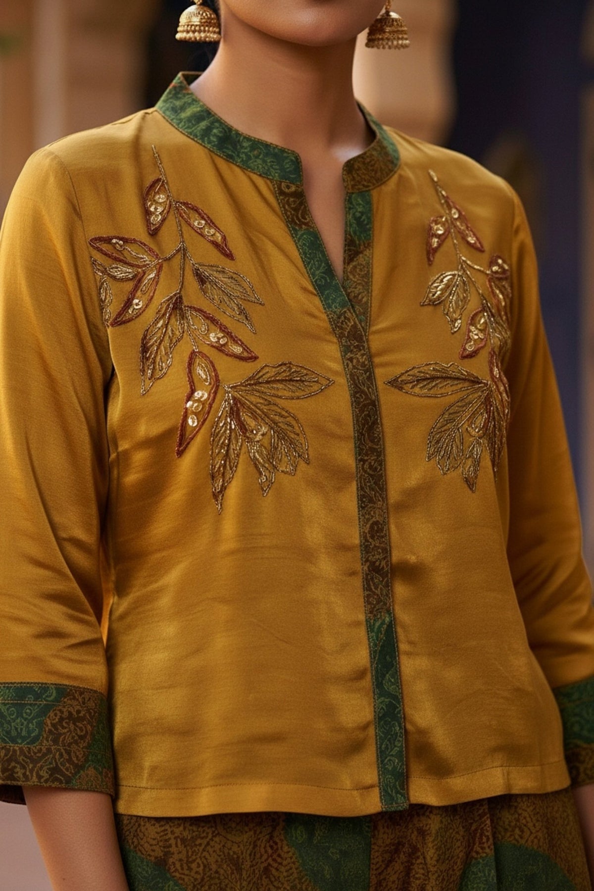 Mustard Chinon Cord Set with Embroidered Top & Printed Pants - Freyaa USA & Canada