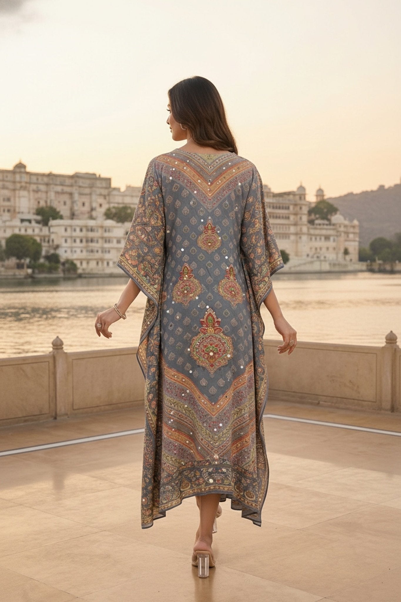 Grey Printed Long Kaftan with Embroidered Detailing in Viscose - Freyaa USA & Canada