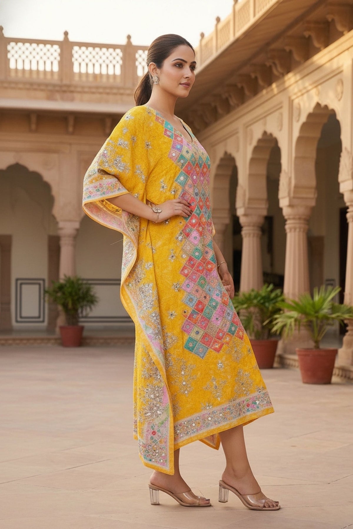 Multicolor Viscose Long Kaftan with Mirror Work Embroidery - Freyaa USA & Canada
