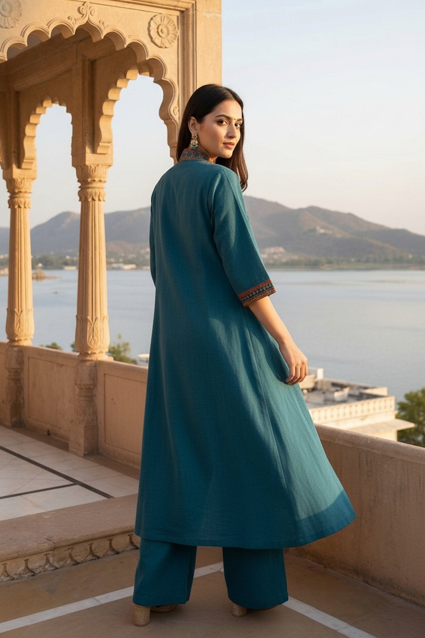 Teal Blue Cotton Co-ord Set with Long Jacket - Freyaa USA & Canada