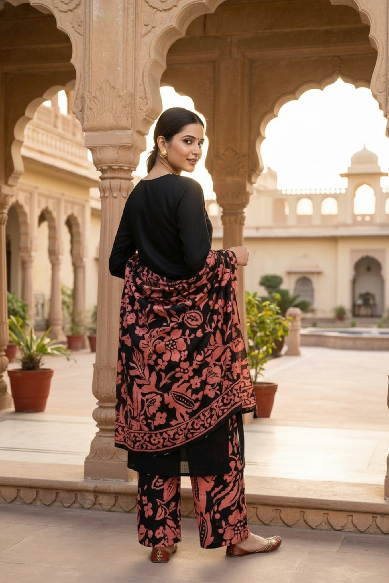 Black Straight Cut Three-Piece Set with Printed Bottom & Dupatta - Freyaa USA & Canada