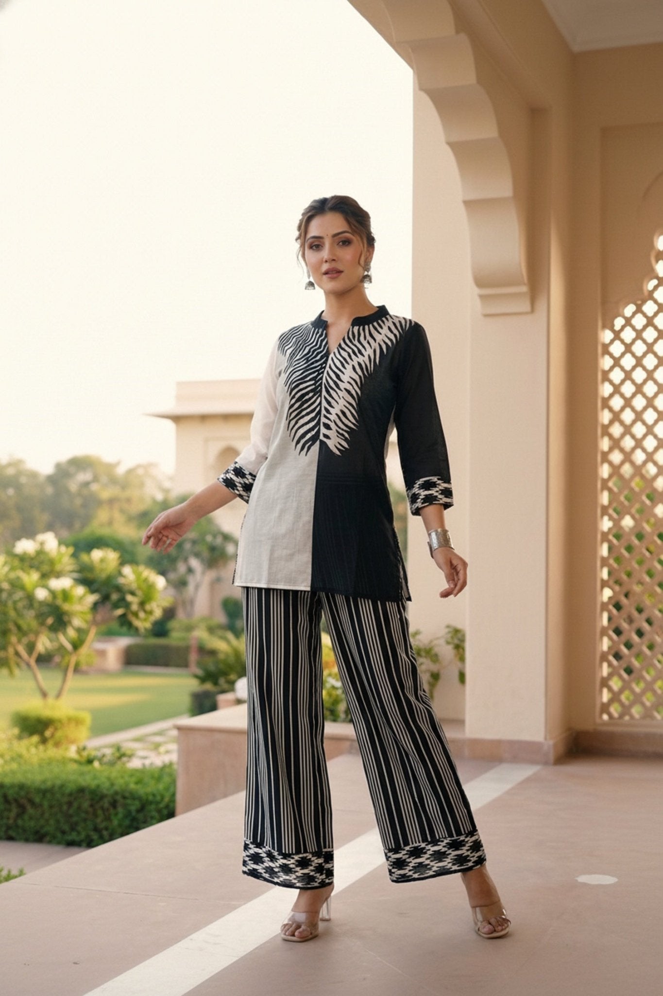 Black Cotton Co-ord Set with Contemporary Printed Design - Freyaa USA & Canada