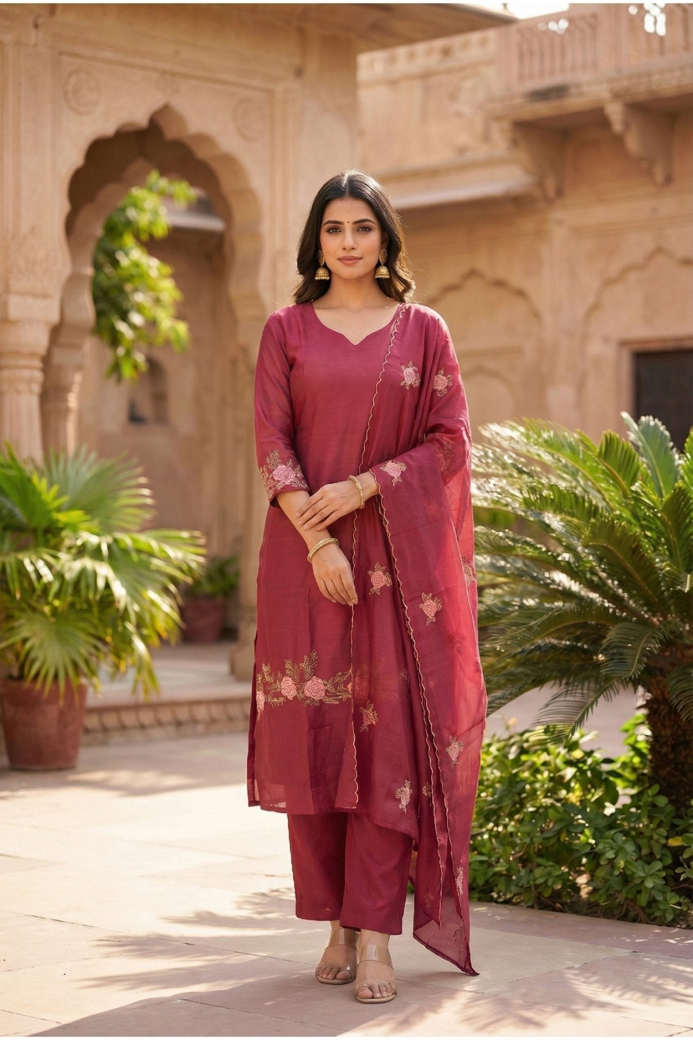Wine Floral Embroidered Cotton Three-Piece Suit Set with Dupatta - Freyaa USA & Canada