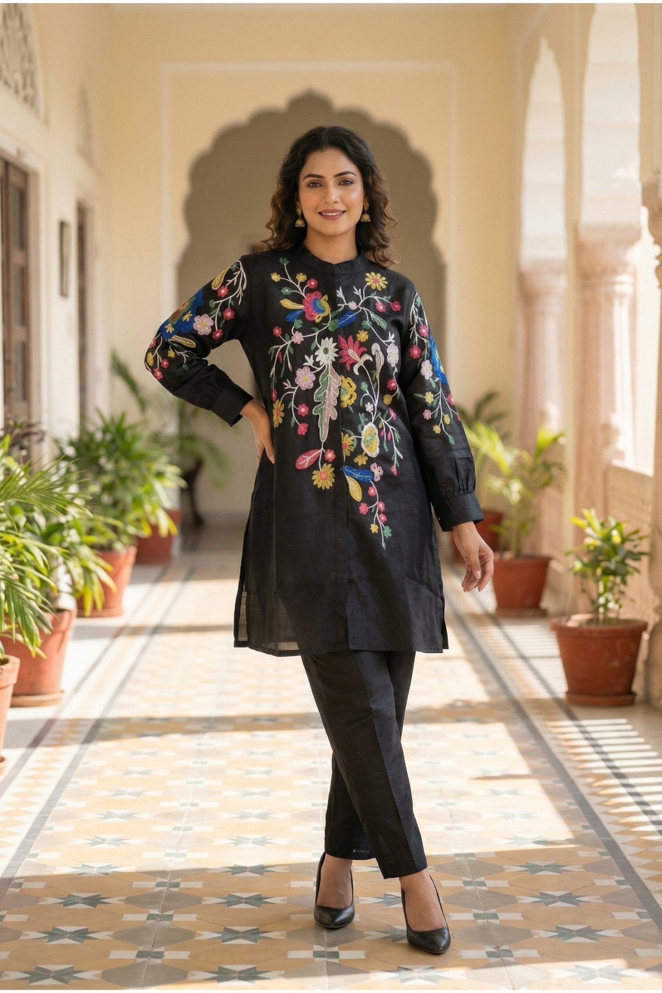 Black Co-ord Set with Multicolor Thread Embroidered Top - Freyaa USA & Canada