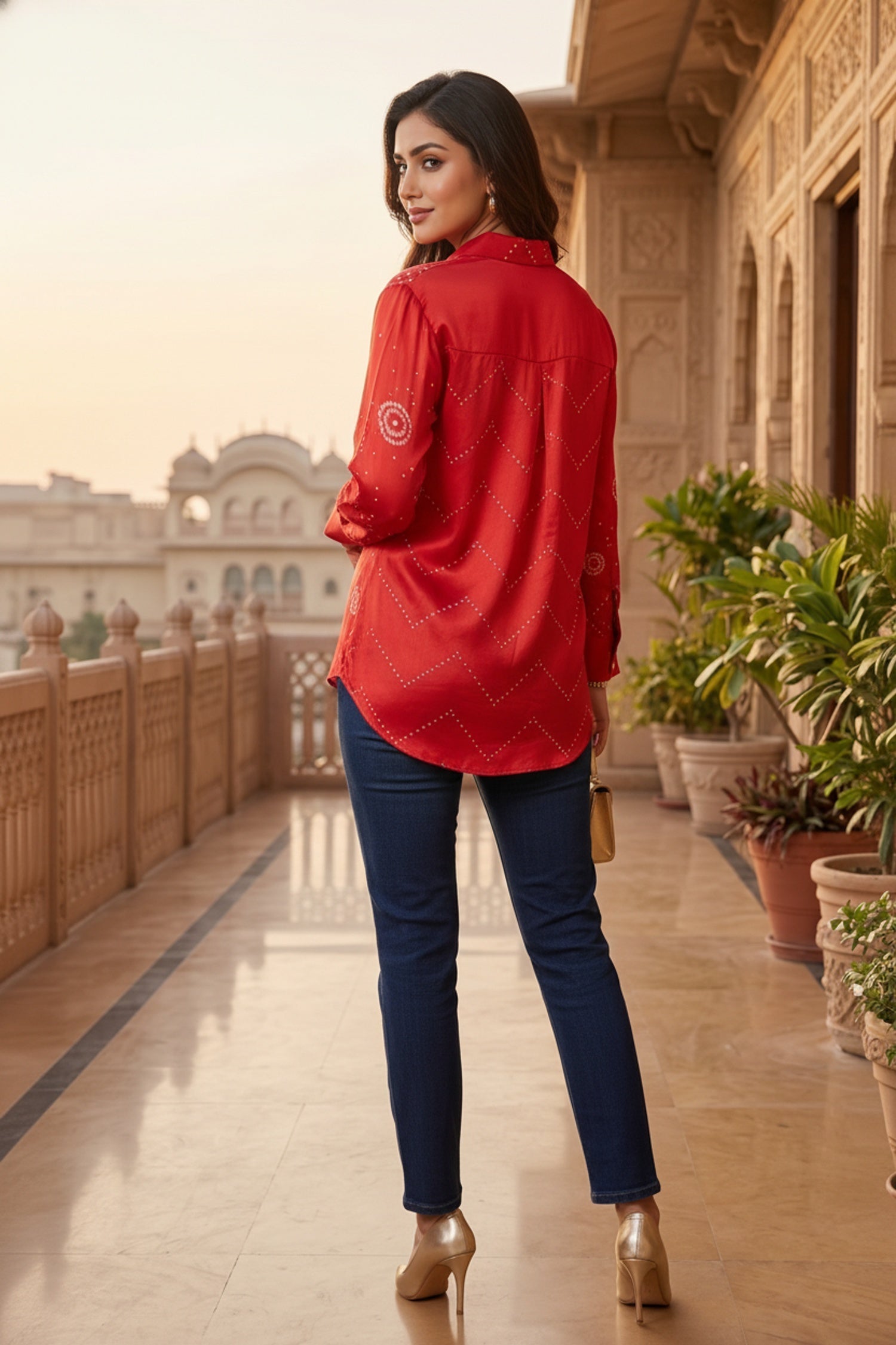 Red Satin Shirt with Bandhani Print