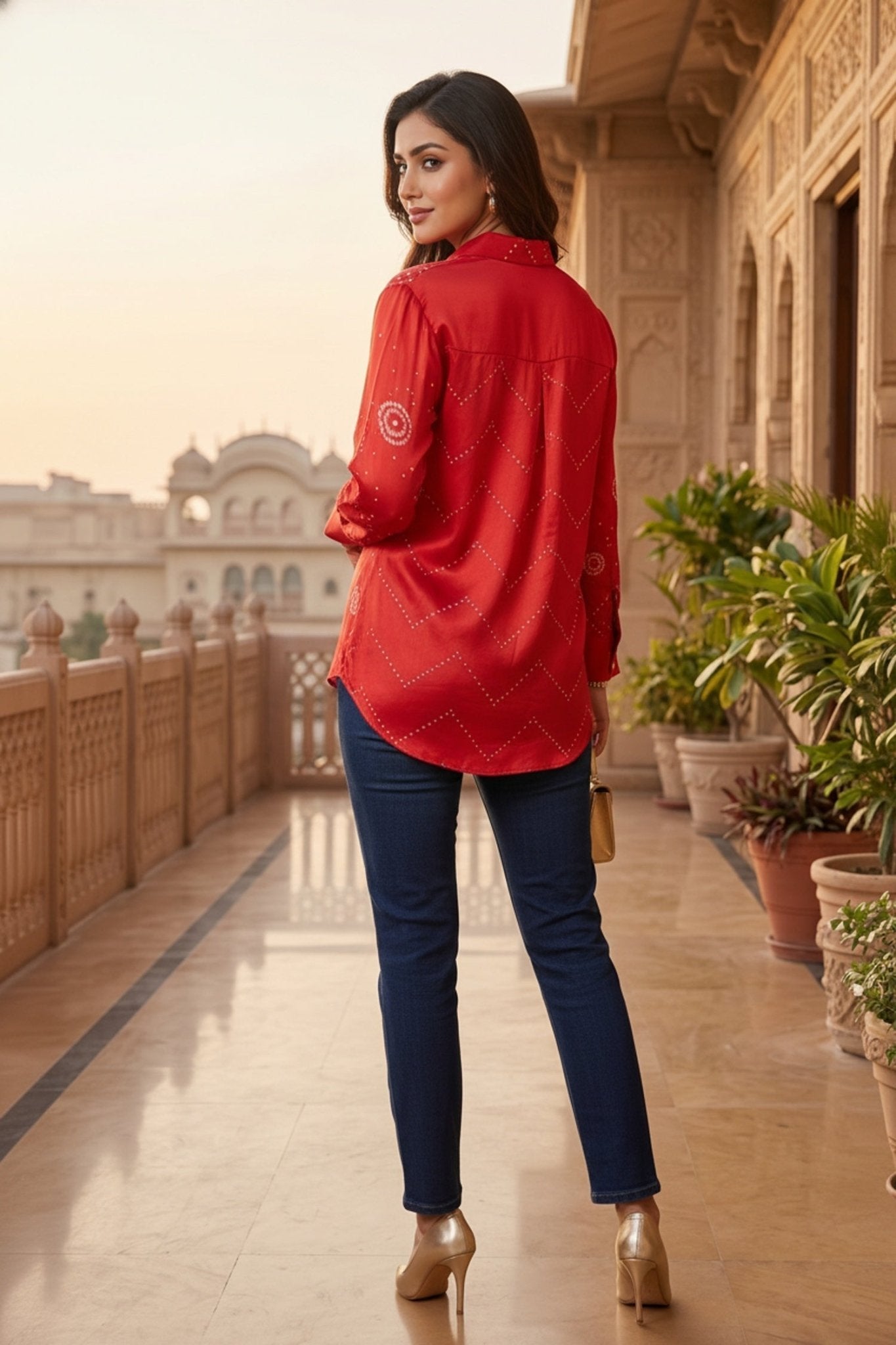 Red Satin Shirt with Bandhani Print - Freyaa USA & Canada