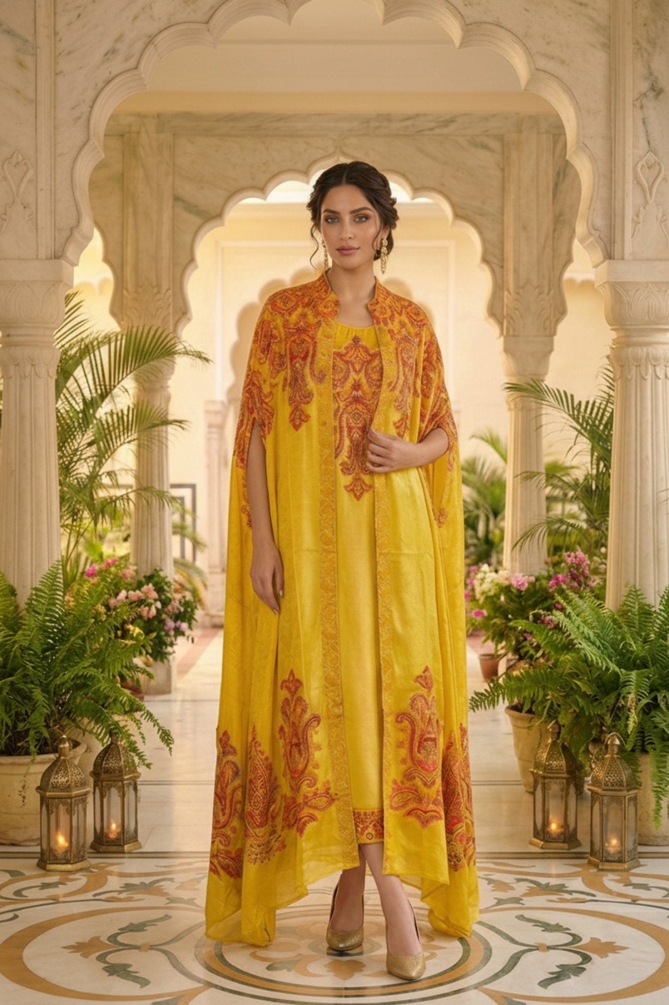 Mustard Chinon Kaftan Set with Embroidered Jacket - Freyaa USA & Canada