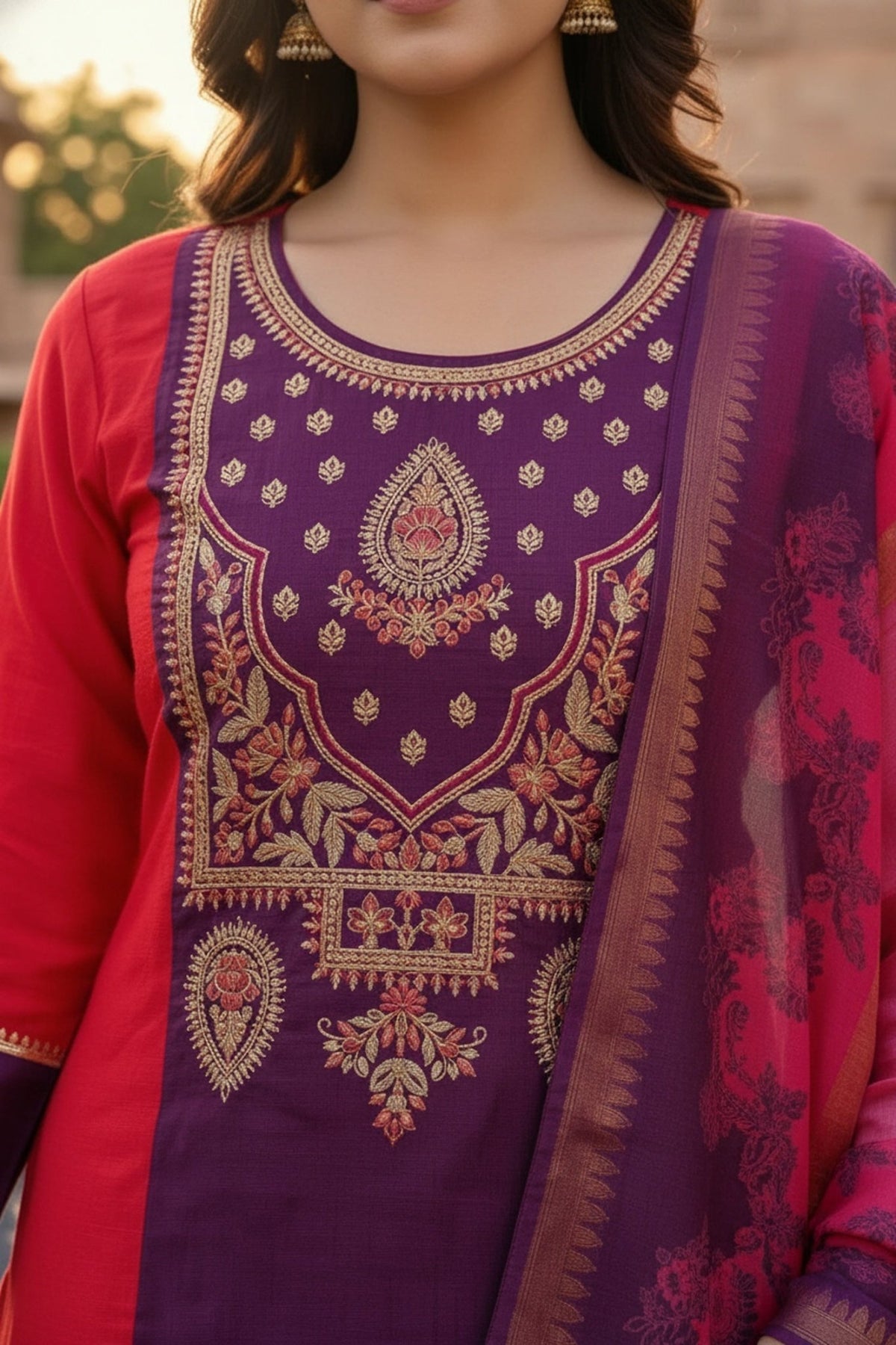 Rani Ethnic Straight Cut Set with Embroidered Design - Freyaa USA & Canada