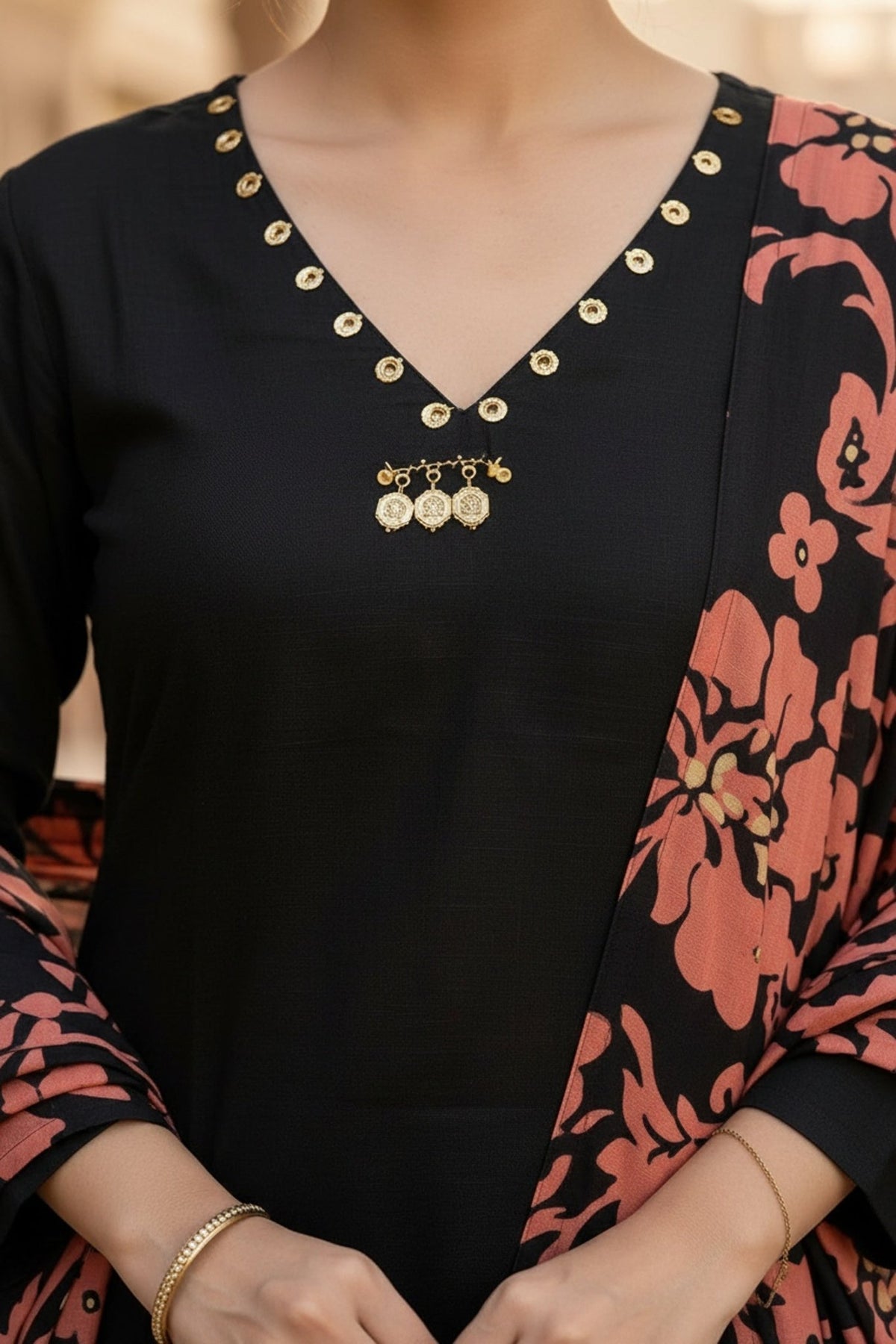 Black Straight Cut Three-Piece Set with Printed Bottom & Dupatta - Freyaa USA & Canada