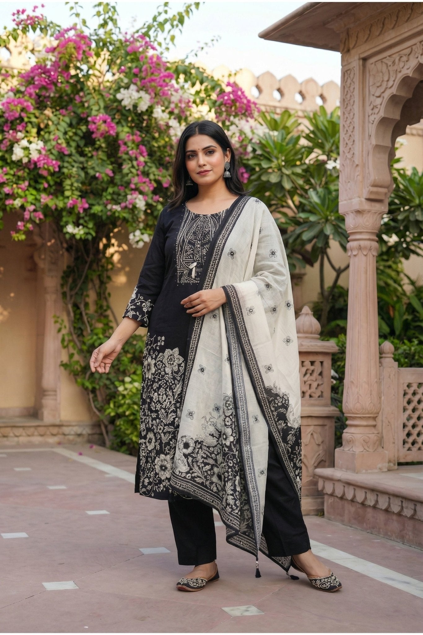 Black Cotton Three-Piece Suit Set with Elegant Ethnic Design - Freyaa USA & Canada