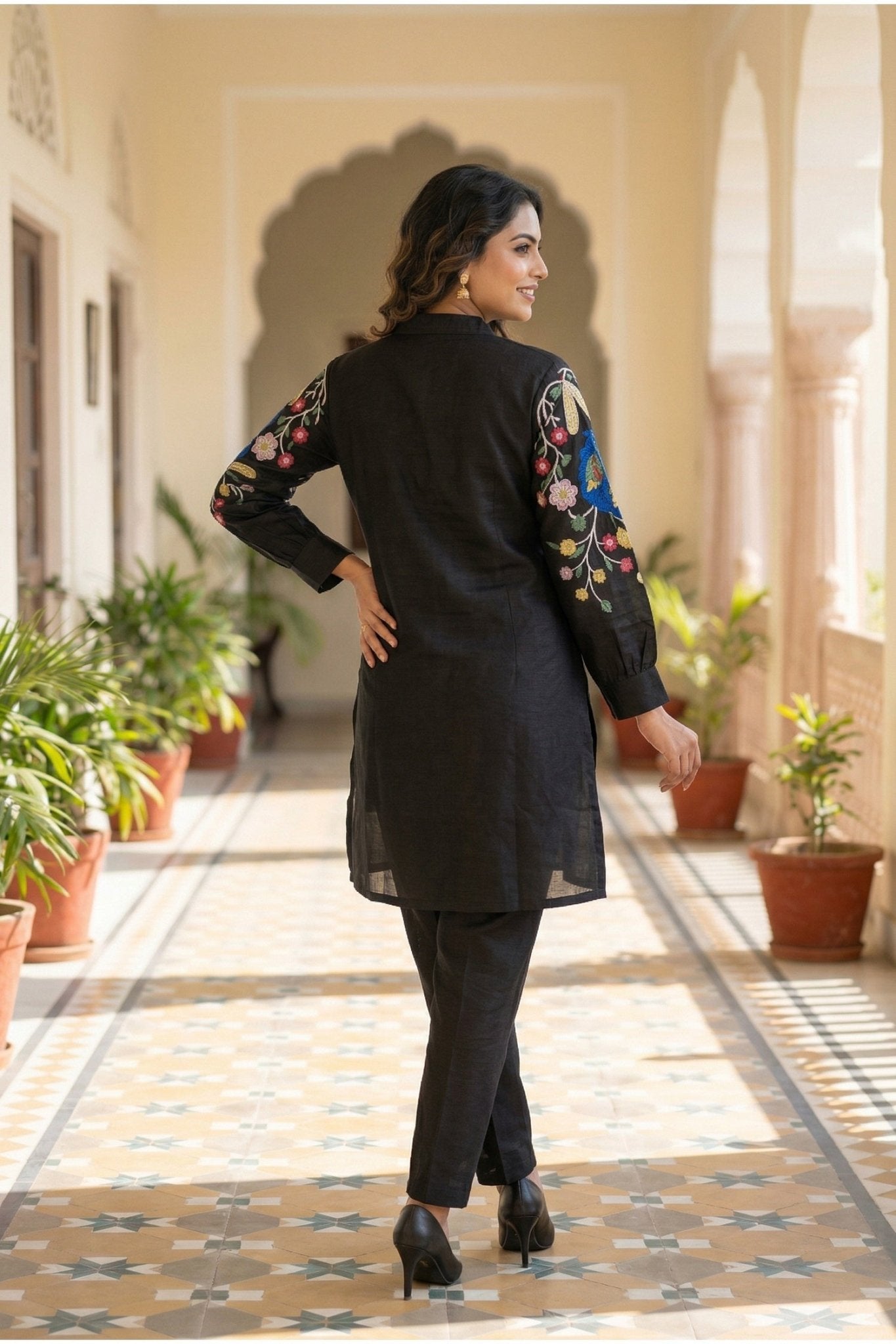 Black Co-ord Set with Multicolor Thread Embroidered Top - Freyaa USA & Canada