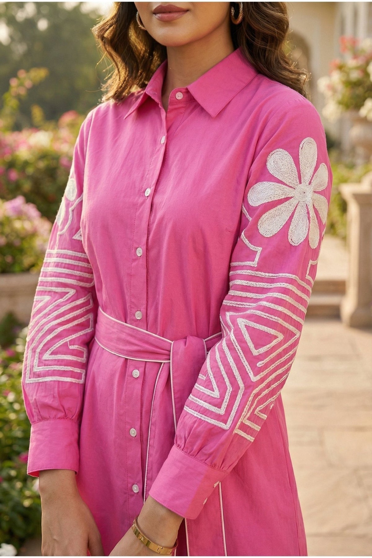 Chic Pink Cotton Embroidered Shirt Tunics Dress - Freyaa USA & Canada