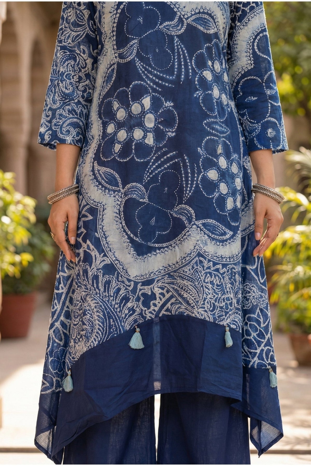 Indigo Blue Co-ord Set with Abstract Floral & Paisley Print - Freyaa USA & Canada
