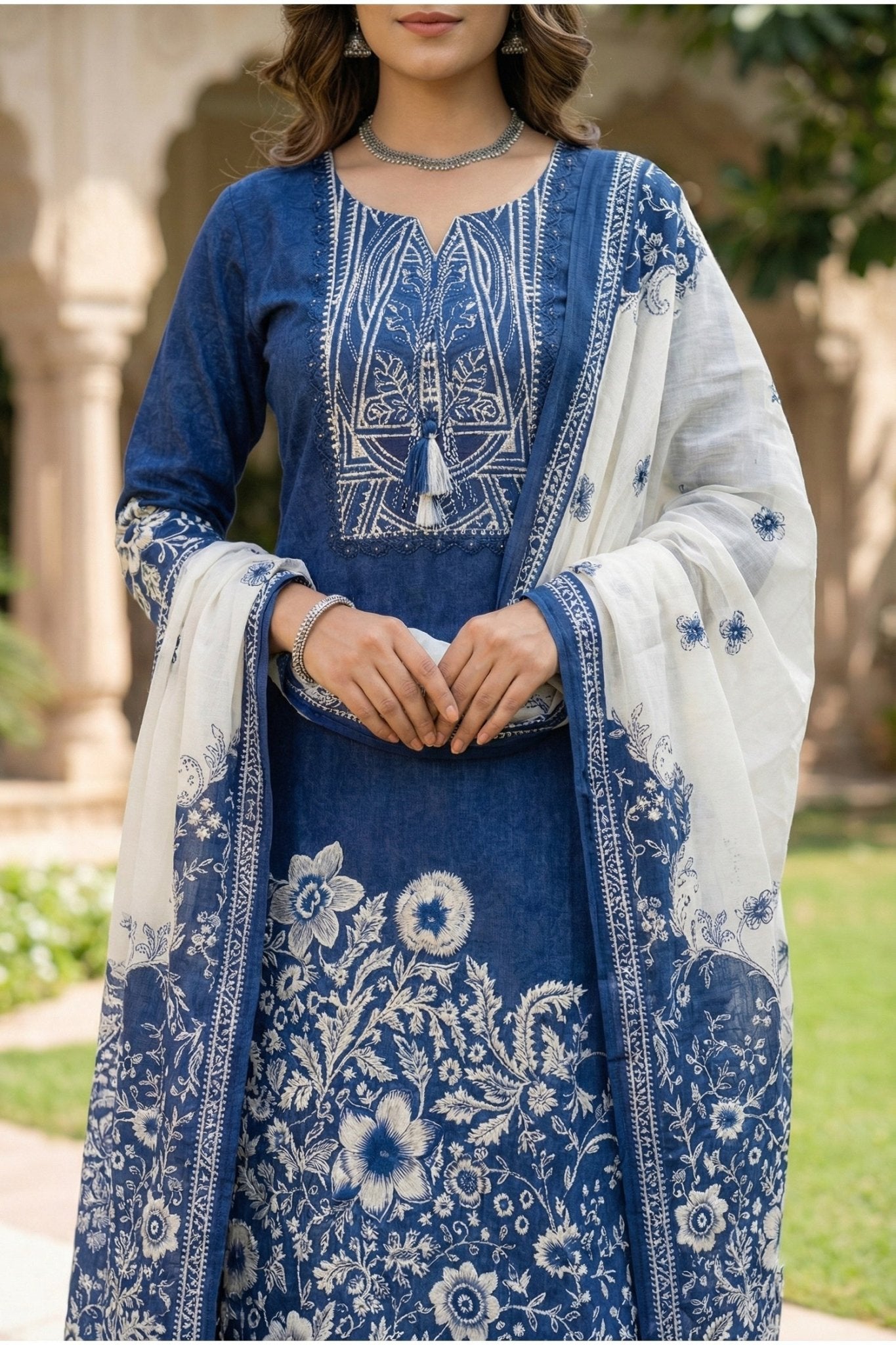Blue Cotton Three-Piece Set with Digital Print - Freyaa USA & Canada