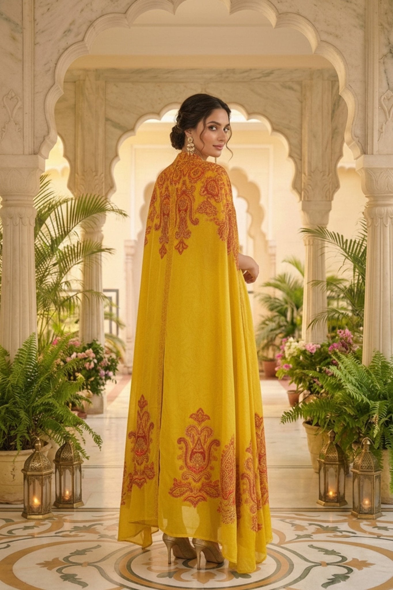 Mustard Chinon Kaftan Set with Embroidered Jacket - Freyaa USA & Canada