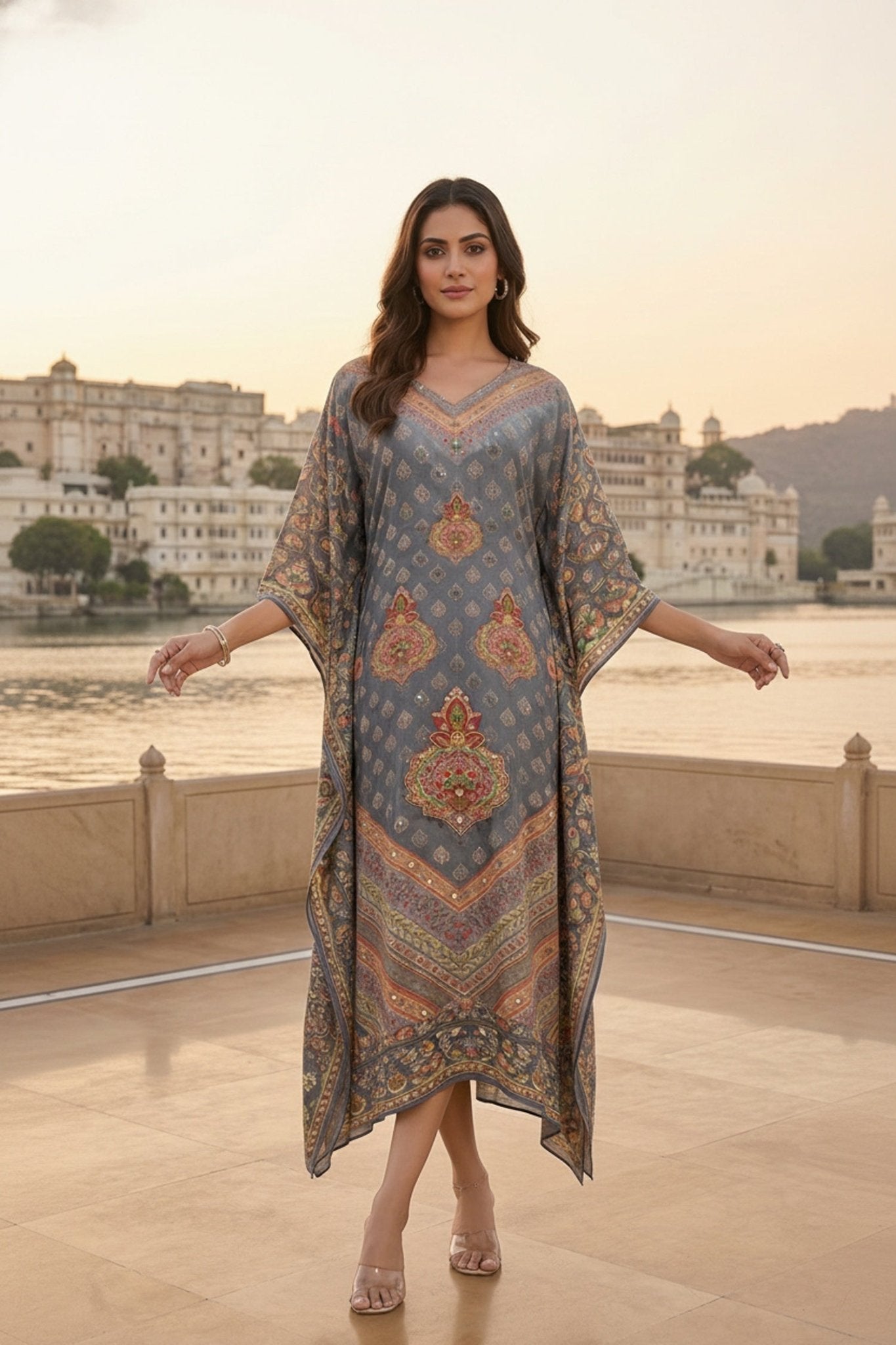 Grey Printed Long Kaftan with Embroidered Detailing in Viscose - Freyaa USA & Canada