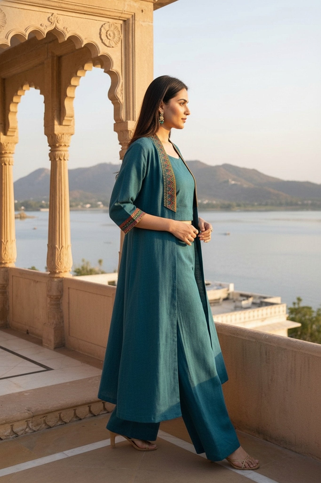 Teal Blue Cotton Co-ord Set with Long Jacket - Freyaa USA & Canada