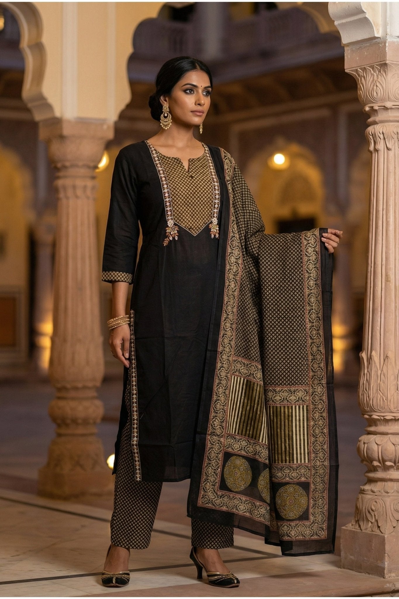 Black Royale Embroidered Straight-Cut Three Piece Suit Set - Freyaa USA & Canada