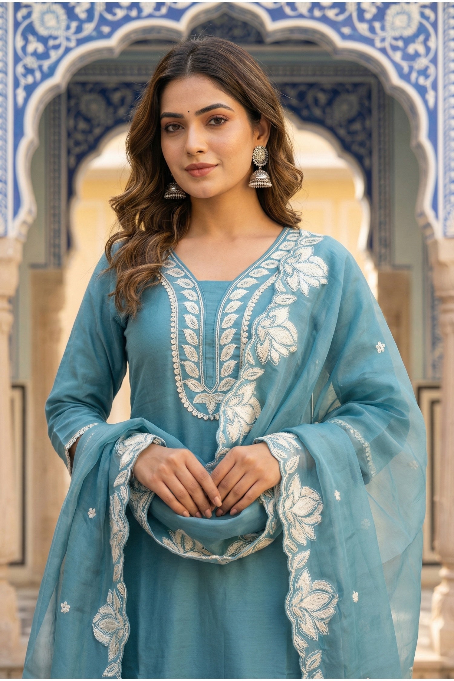 Floral Embroidered Kurta Set with Buti Work & Statement Dupatta Border