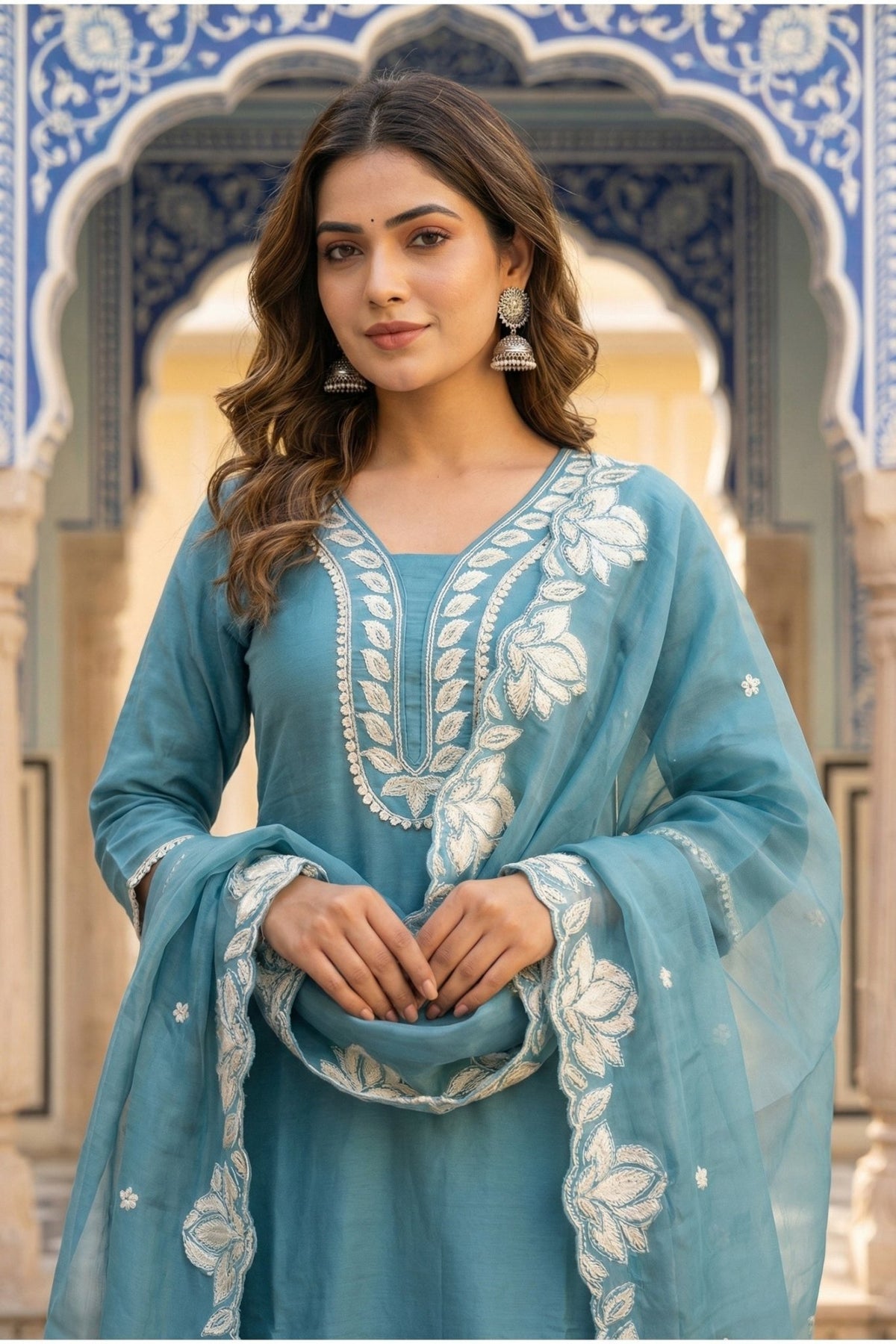 Floral Embroidered Kurta Set with Buti Work & Statement Dupatta Border - Freyaa USA & Canada