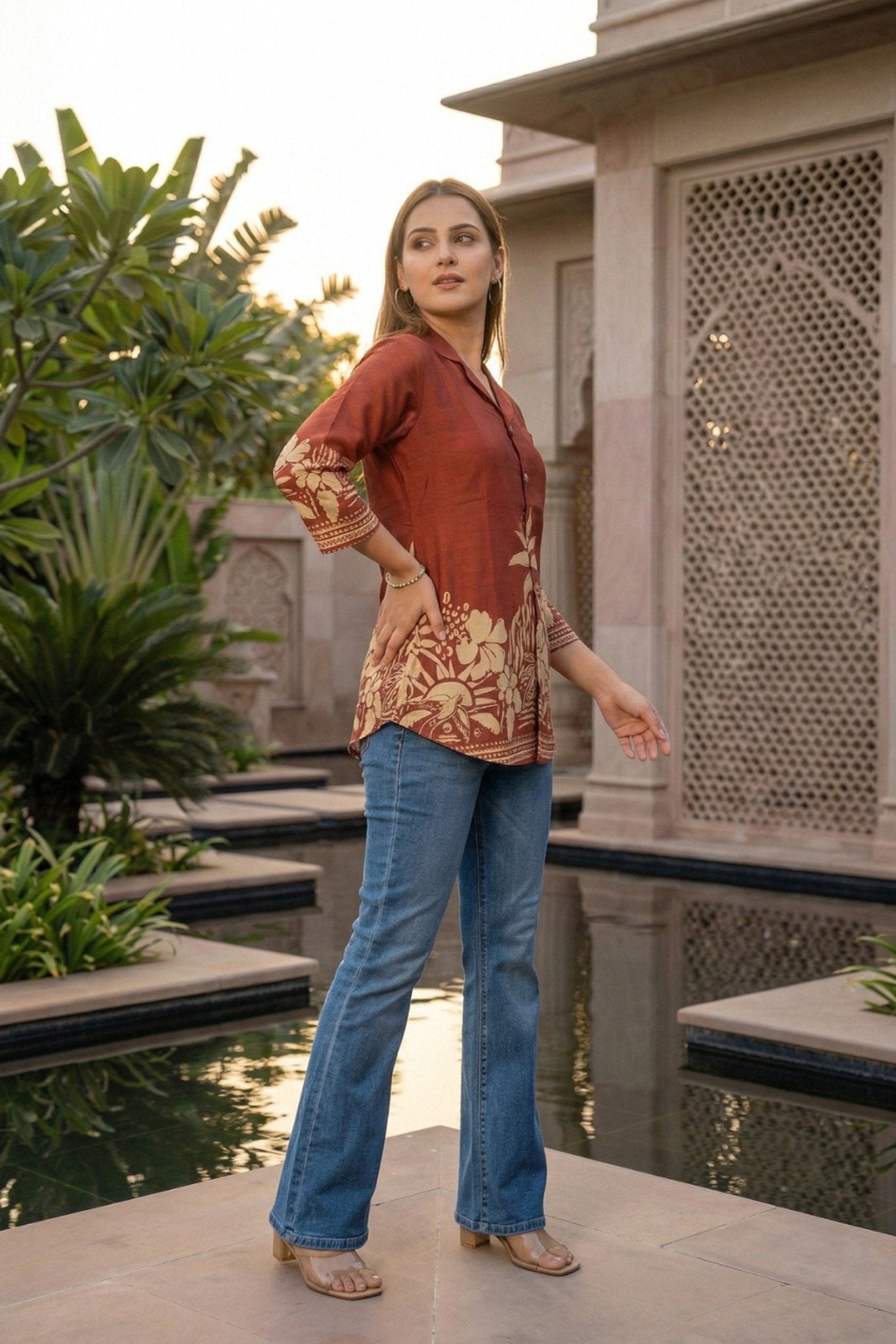 Rust Top with Contemporary Digital Print - Freyaa USA & Canada