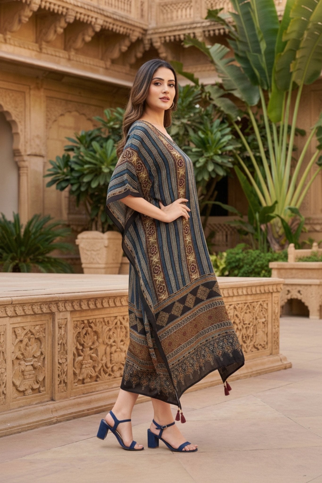 Peacock Printed Viscose Long Kaftan - Freyaa USA & Canada