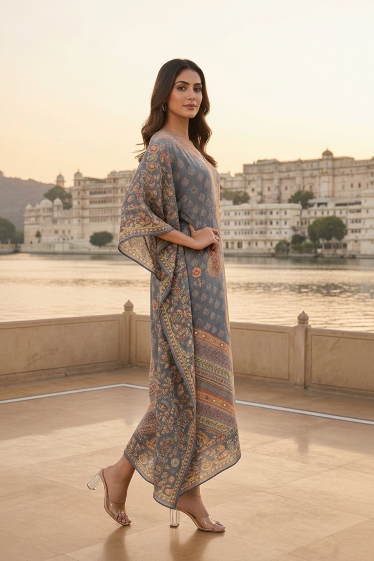 Grey Printed Long Kaftan with Embroidered Detailing in Viscose - Freyaa USA & Canada