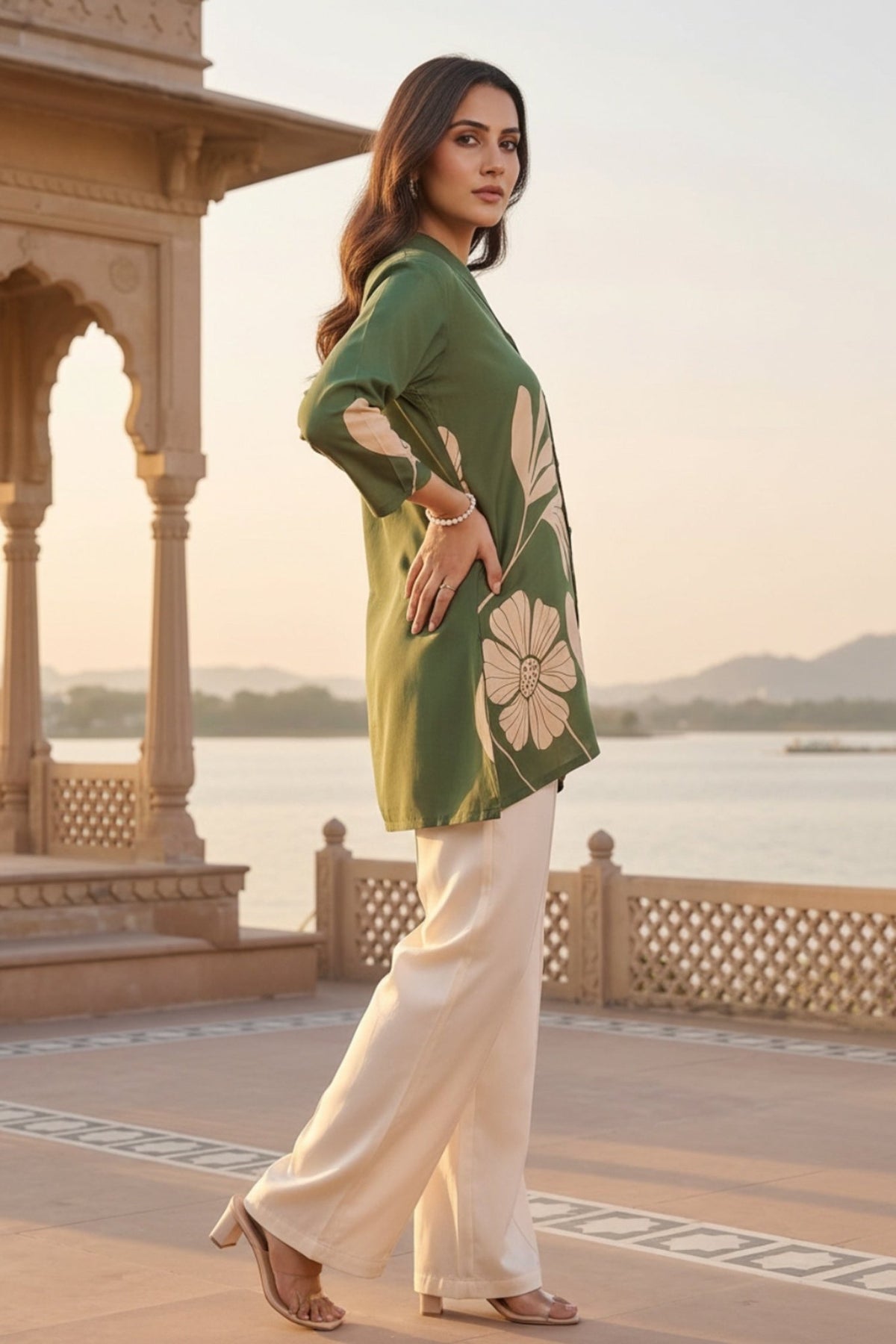 Olive Green Printed Crepe Shirt - Freyaa USA & Canada
