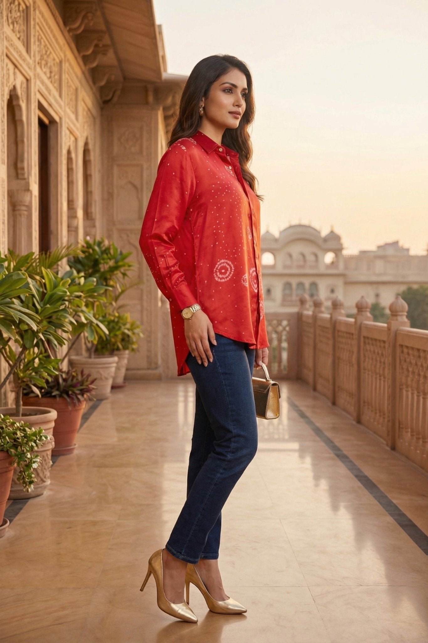 Red Satin Shirt with Bandhani Print - Freyaa USA & Canada