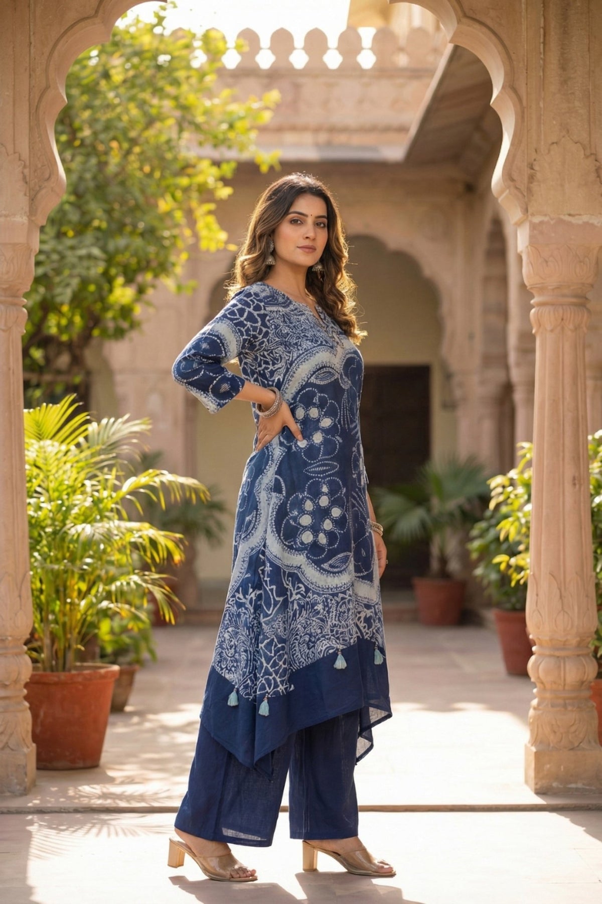 Indigo Blue Co-ord Set with Abstract Floral & Paisley Print - Freyaa USA & Canada