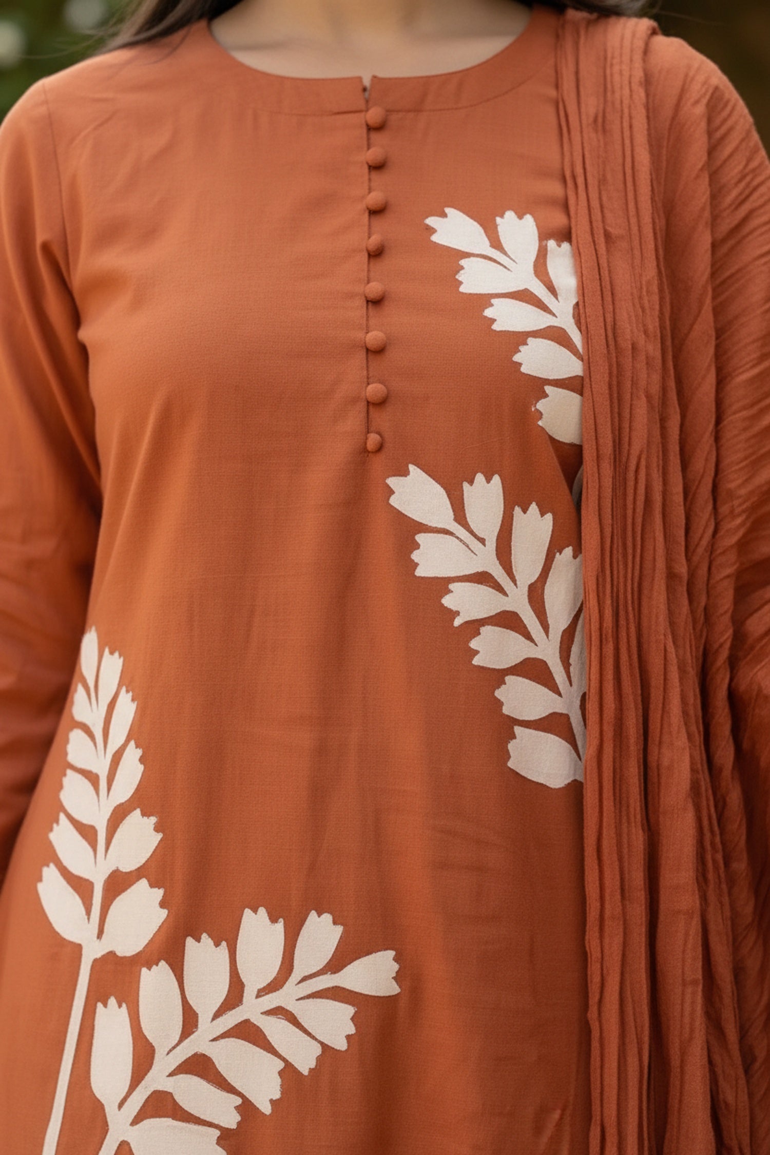 Orange Cotton Three-Piece Set with Minimal Work in Straight Cut - Freyaa USA & Canada