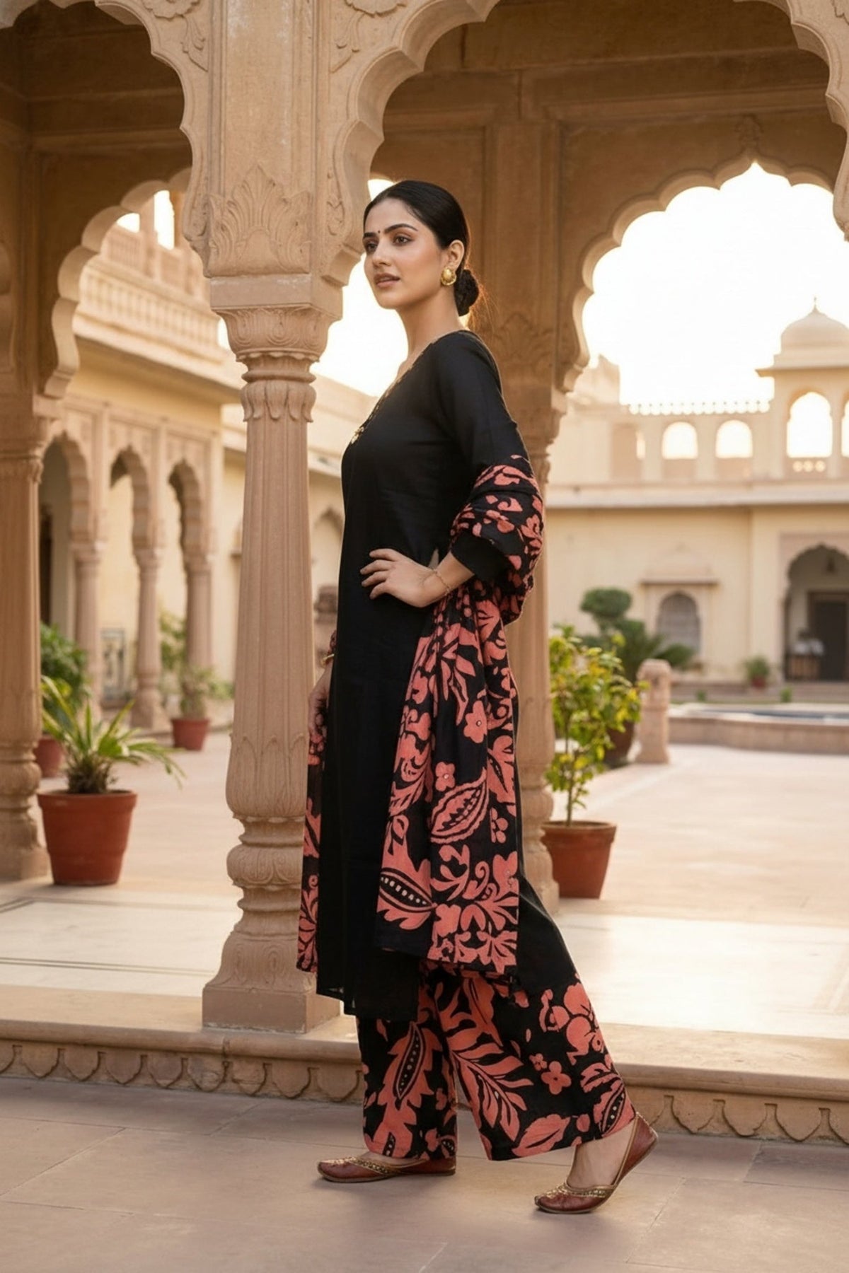 Black Straight Cut Three-Piece Set with Printed Bottom & Dupatta - Freyaa USA & Canada