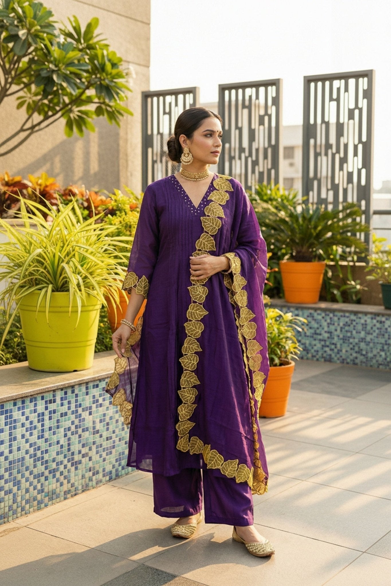 Purple Mul Cotton Three Piece with Embroidered Dupatta - Freyaa USA & Canada