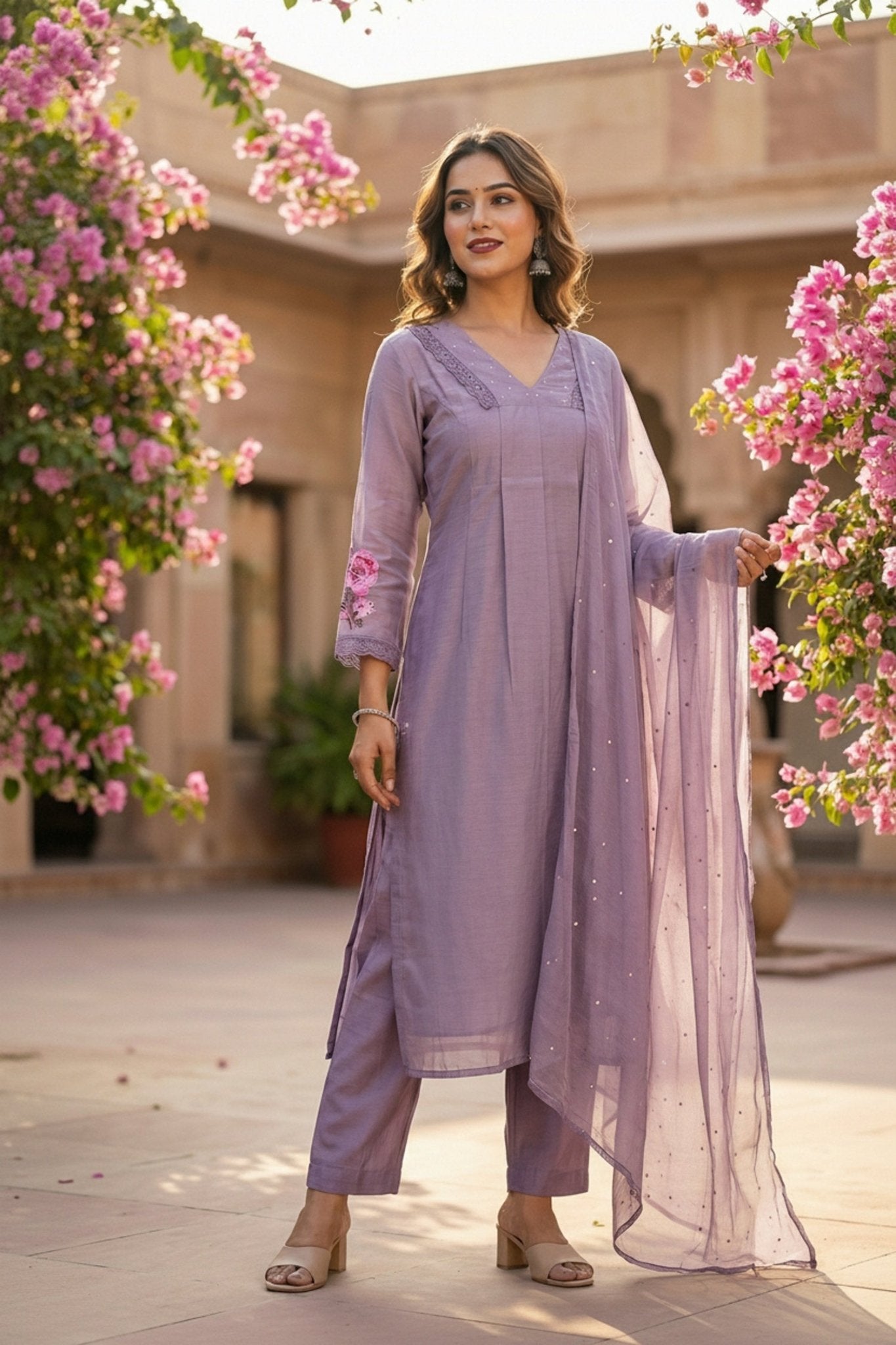 Pastel Lilac Cotton Three Piece - Freyaa USA & Canada