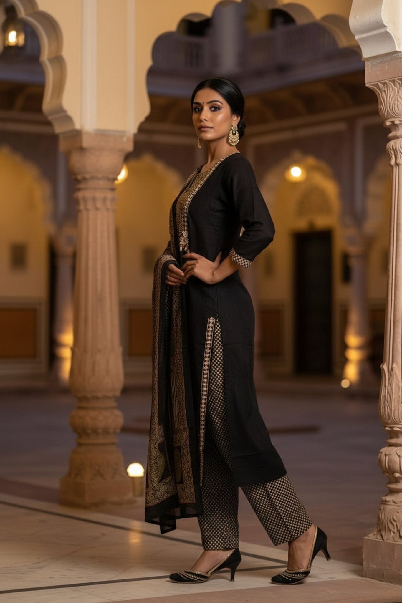Black Royale Embroidered Straight-Cut Three Piece Suit Set - Freyaa USA & Canada