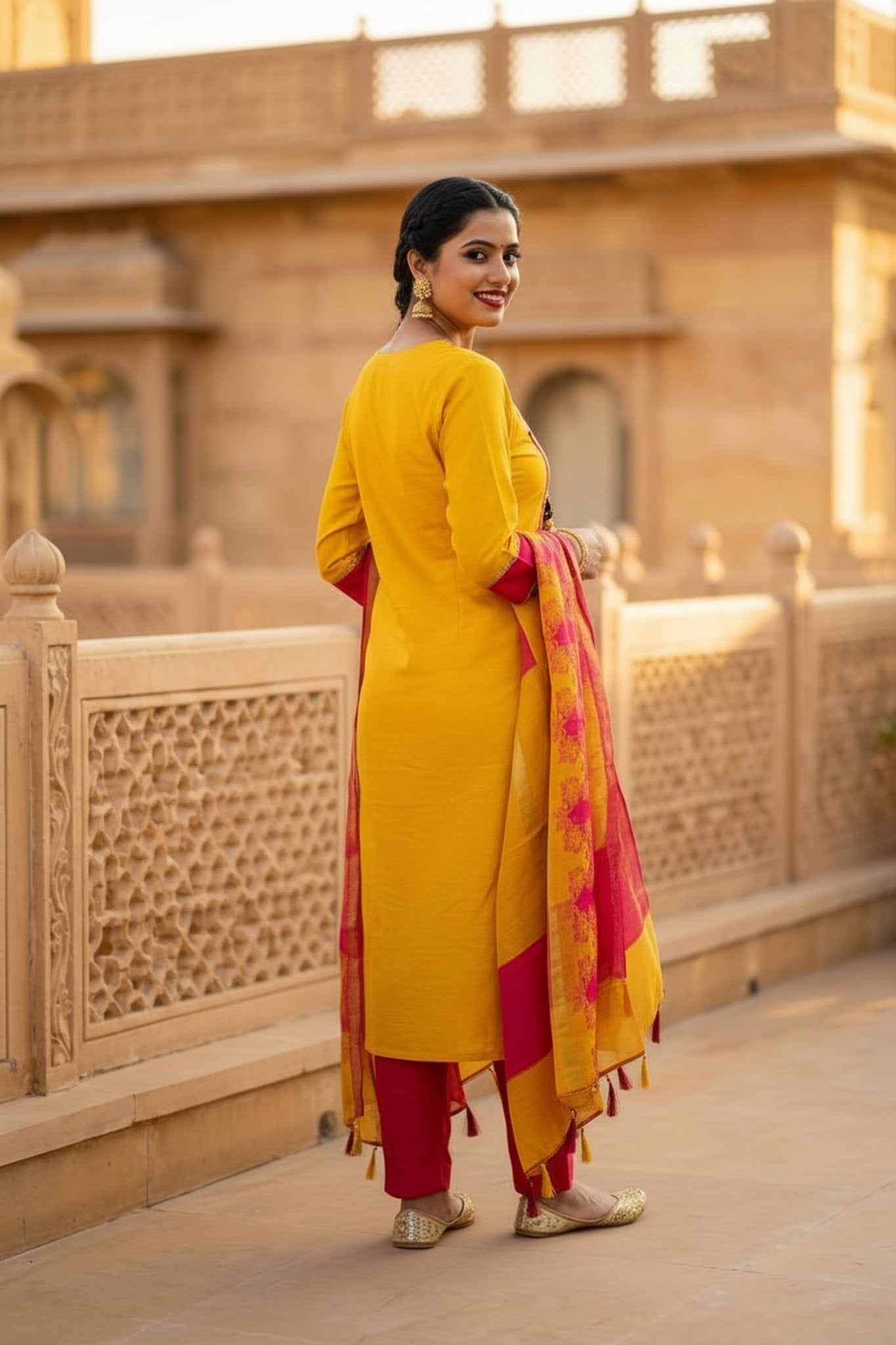 Mustard Straight-Cut Embroidered Three Piece Suit Set - Freyaa USA & Canada